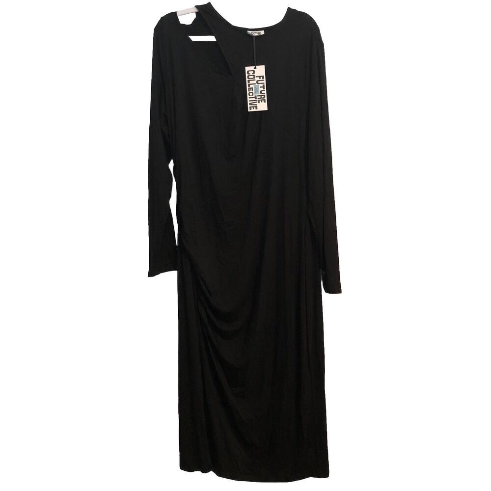 Future Collective Womens Long Sleeve CutOut Draped Midi Ruched Dress‎ Black 1X